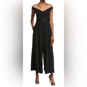 CINQ A SEPT Black VINA Satin Trim Stretch Crepe V-Neck Wide Leg Pant Jumpsuit 4